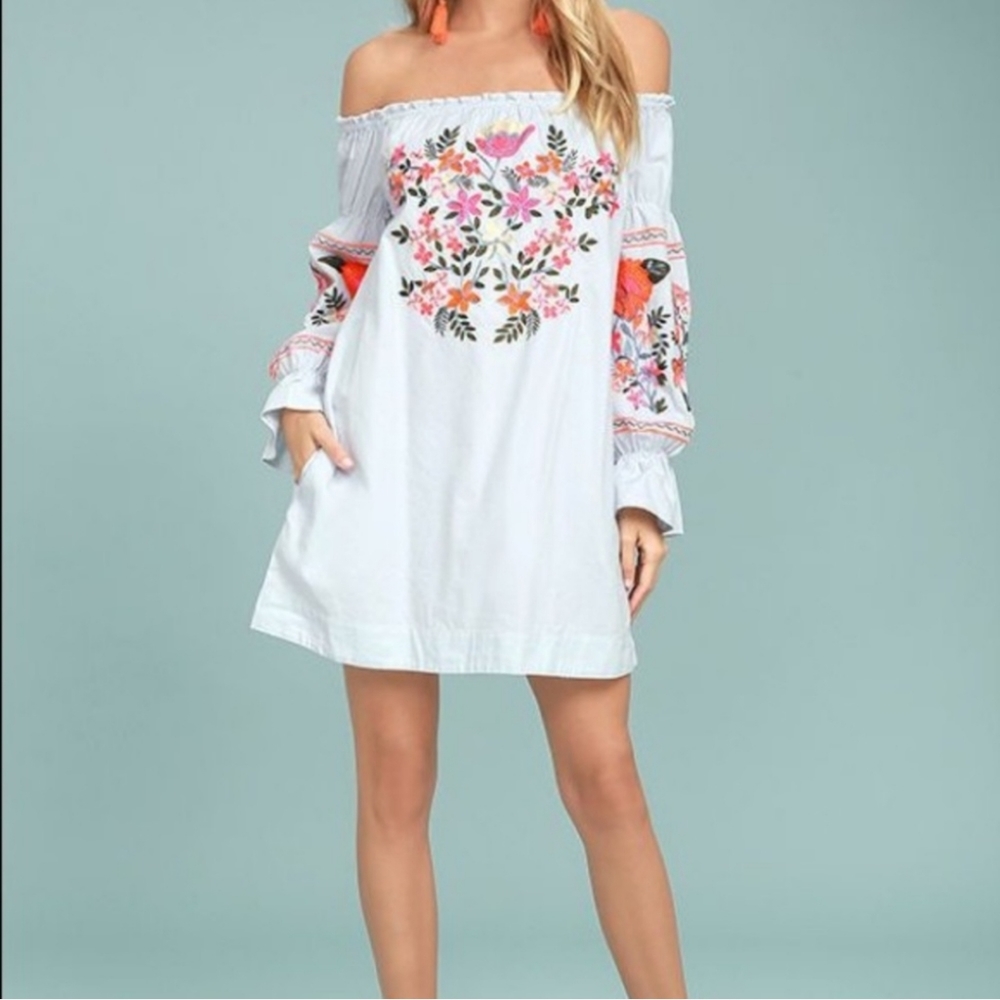 Free People Embroidered Floral Off the Shoulder Mini Dress